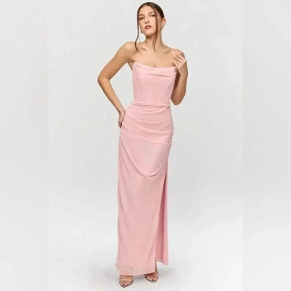 House of CB Adrienne Pink Quartz Georgette Strapless Gown Maxi - Picture 4 of 7
